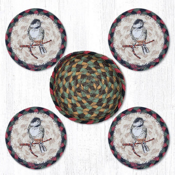 Chickadee Bird Braided Jute Coasters and Basket Holder
