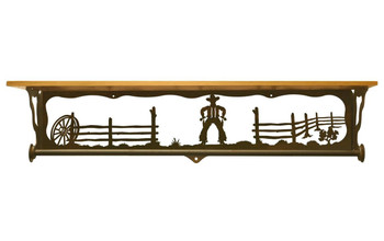 34" Cowboy Scene Metal Towel Bar with Pine Wood Top Wall Shelf