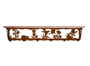 42" Hummingbird Metal Wall Shelf and Hooks with Alder Wood Top