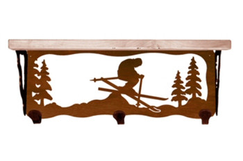 20" Snow Skier Metal Wall Shelf and Hooks with Pine Wood Top