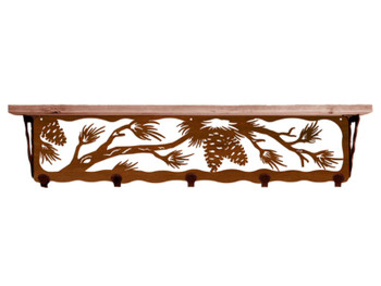 34" Pine Cone Metal Wall Shelf and Hooks with Alder Wood Top