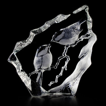 Marsh Tits Two Birds Etched Crystal Sculpture by Mats Jonasson