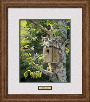 House Sitting Cat and Birds In A Tree Framed Art Print Wall Art