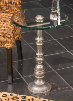 Nickel Rough Cast Pedestal Accent Table with Glass Top