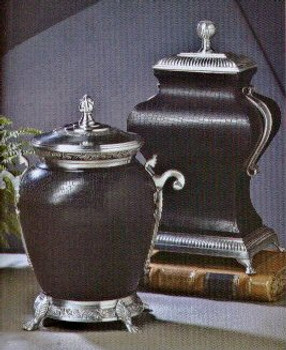 Two Antique Silver Black Leather Urns