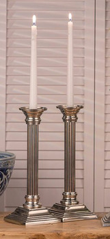 12.25" Pewter Square Base Column Brass Taper Candle Holder, Set of 2