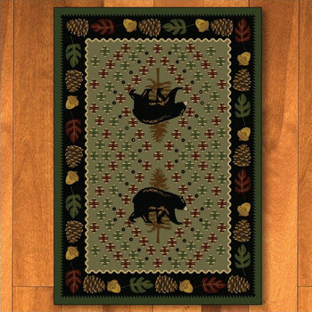 8' x 11' Patchwork Bear and Pinecones Green Wildlife Rectangle Rug