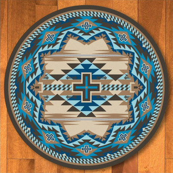 8' Rustic Cross Indigo Turquoise Southwest Round Rug