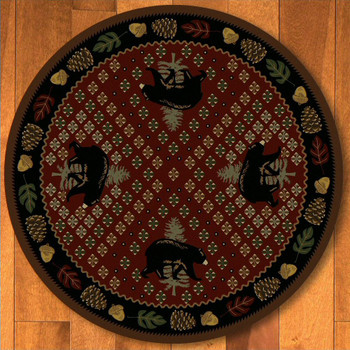 8' Patchwork Bear and Pinecones Red Wildlife Round Rug