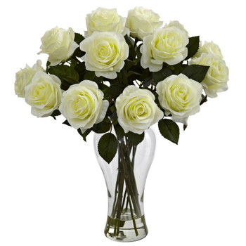Blooming White Roses Silk Flower Arrangement with Vase
