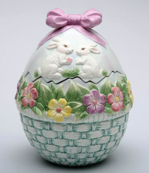 Egg Shaped Cookie Jar with Bunny Rabbits