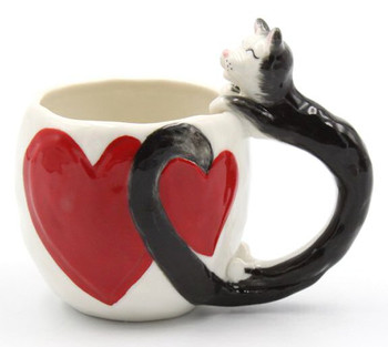 Black and White Cat with Hearts Mugs, Set of 2