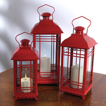 Red Candle Lanterns with Round Knob Top, Set of 3 Red Candle Lanterns with Round Knob Top, Set of 3