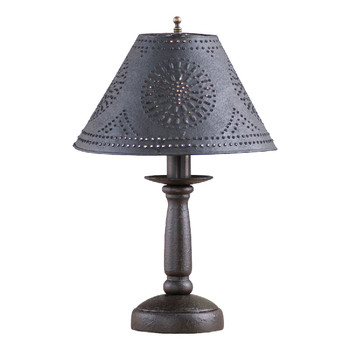 Americana Black Butcher's Wood Table Lamp with Punched Chisel Pierced Tin Shade