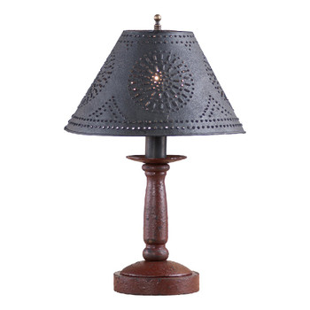 Americana Plantation Red Butcher's Wood Table Lamp with Punched Chisel Pierced Tin Shade