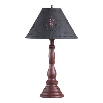 Americana Plantation Red Davenport Wood Table Lamp with Punched Chisel Pierced Tin Shade