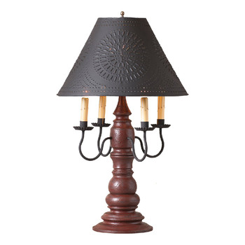 Americana Plantation Red Bradford Wood and Metal Table Lamp with Punched Chisel Pierced Tin Shade