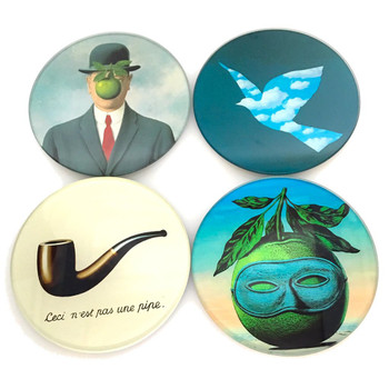 Magritte Surrealism Paintings Glass Drink Coasters with Metal Holder, Set of 4