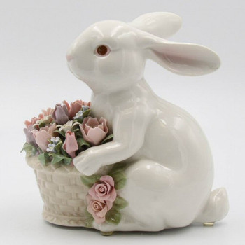 Bunny Rabbit with Flower Basket Porcelain Sculpture - Cosmos