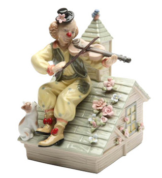 Fiddling Clown with Kitten Musical Music Box Sculpture