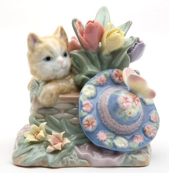Miniature Cat with Flowers and Hat Porcelain Sculpture