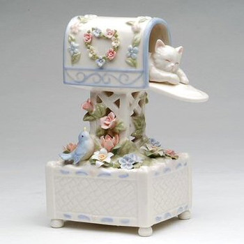 Kitten in a Mailbox with Bird and Flowers Musical Music Box Sculpture