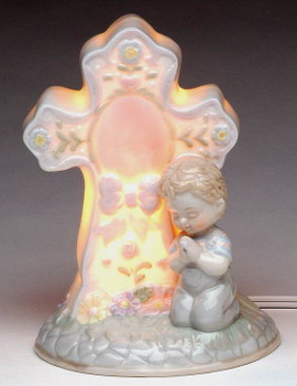 Boy Praying with Cross Lighted Religious Sculpture