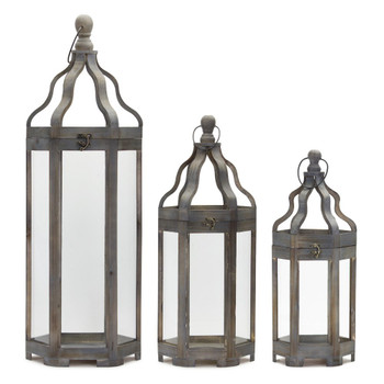 Curved Hexagon Wood and Iron Candle Lanterns Candle Holders, Set of 3