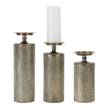 Copper and Green Textured Metal Pillar Candle Holders Vases, Set of 3