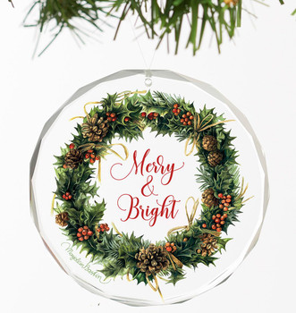 Merry and Bright Wreath Round Glass Christmas Tree Ornaments, Set of 6