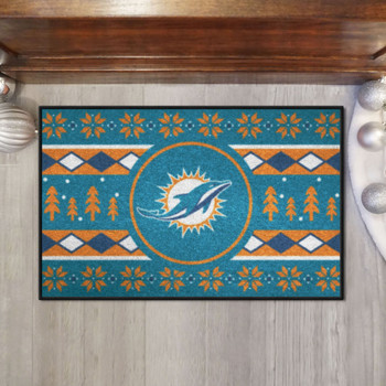 19" x 30" Miami Dolphins Holiday Sweater Teal Rectangle Starter Mat