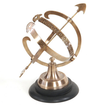 14.25" Brass Armillary Metal Sculpture On Wooden Base