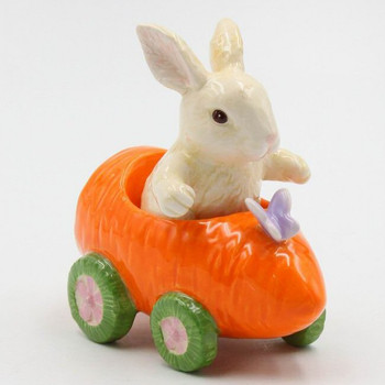 Easter Rabbit in Carrot Car Porcelain Salt and Pepper Shakers, Set of 4