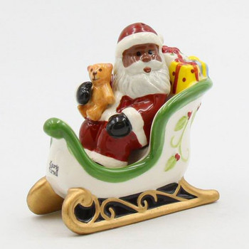 African American Santa Riding Sleigh Porcelain Salt and Pepper Shakers, Set of 4