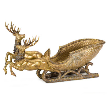 25.5" Shiny Gold Deer with Sleigh Poly Stone Sculpture