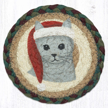Santa Hat Cat Large Round Jute Coaster by Suzanne Pienta