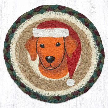 Santa Hat Dog Large Round Jute Coaster by Suzanne Pienta