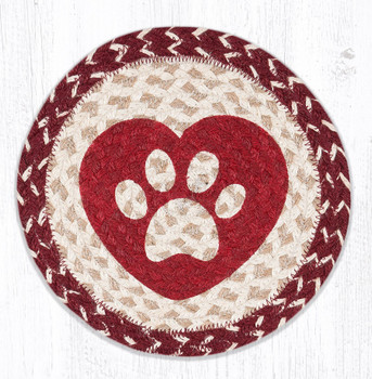 10" Heart Paw Printed Jute Round Trivet, Set of 2