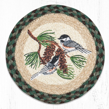 10" Chickadee Pinecone Printed Jute Round Trivet by Harry W. Smith, Set of 2