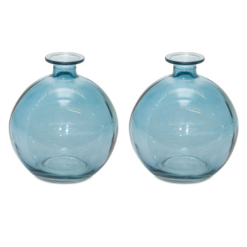 Round Blue Glass Vases, Set of 2