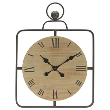 Round Wood with Square Iron Frame Wall Clock