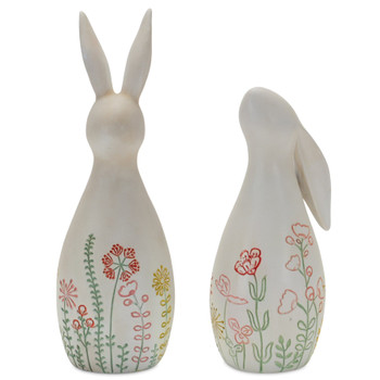 Classic Rabbit with Floral Design Sculptures, Set of 2