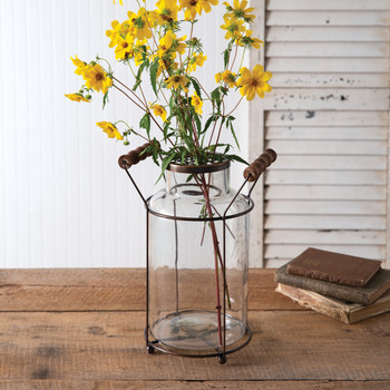 Milk Can Flower Frog Glass and Metal Vase