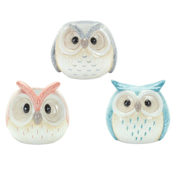 Blue Pink and Grey Owl Bird Terra Cotta Statues, Set of 3