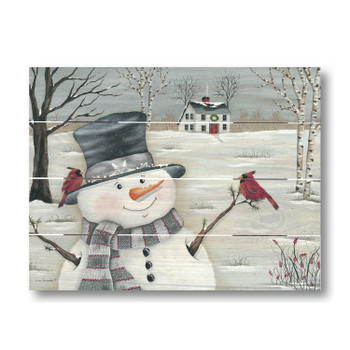 12" Friends Welcome Snowman with Cardinal Birds Wood Pallet Wall Art