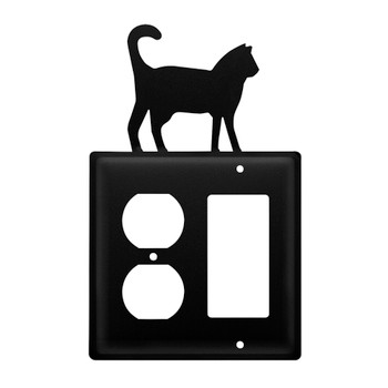 Double Combo Cat Single Outlet & Single Rocker (GFCI) Metal Switch Plate Cover