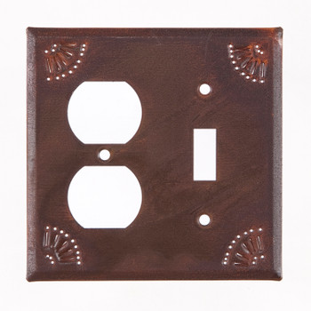 Double Combo Chisel Punched Single Outlet & Single Toggle Tin Switch Plate Cover in Rustic Tin