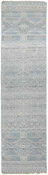 2' x 10' Ivory Blue and Gray Geometric Hand Knotted Runner Rug