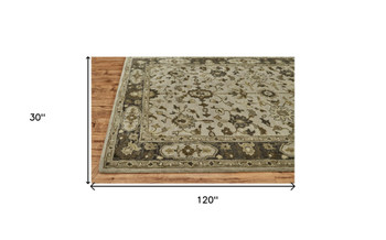 2' x 10' Gray Ivory and Taupe Wool Floral Tufted Handmade Stain Resistant Runner Rug