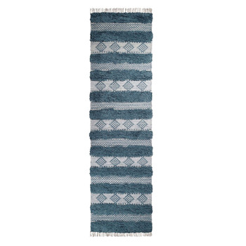 2' x 10' Blue and Ivory Wool Striped Flat Weave Handmade Runner Rug with Fringe